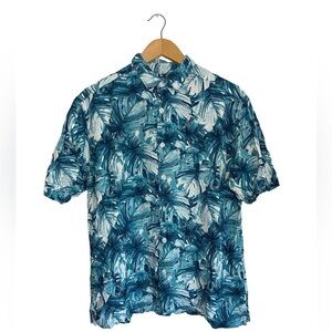 Cubavera Tropical Palm Print Textured Button Down Short Sleeve Green White Shirt